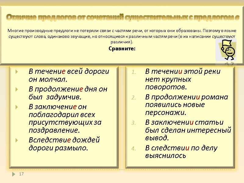 17 В течение всей дороги он молчал. В продолжение дня он был задумчив. 17 В течение всей дороги он молчал. В продолжение дня он был задумчив.